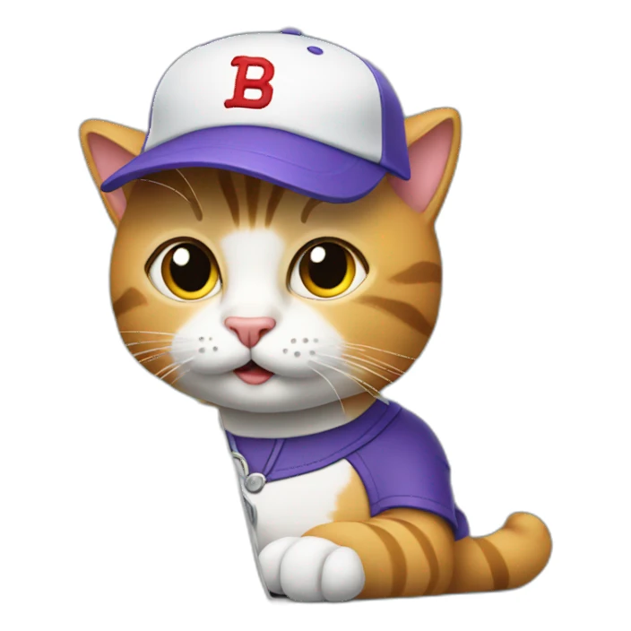 cat working with laptop wearing baseball hat sticker