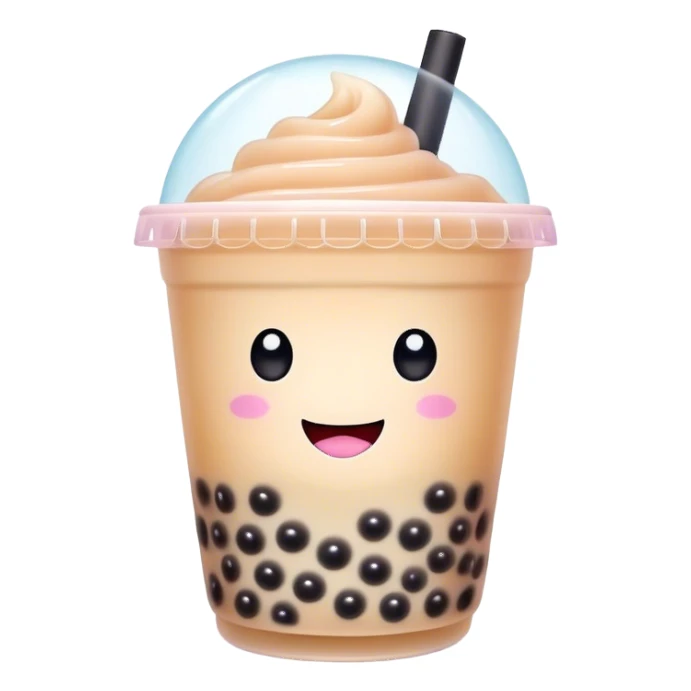 Cinematic pastel-colored bubble tea, chubby cup with a smiling face, tiny black tapioca pearls peeking out, soft glowing background, playful and adorable. sticker