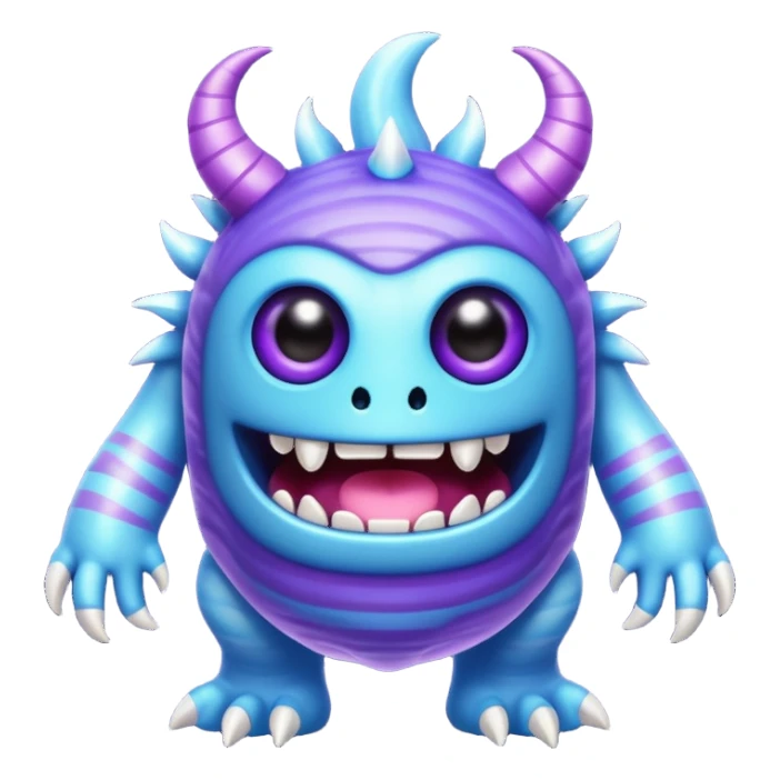 My Singing Monsters Echo element monster, translucent glowing body, blue-purple colors, soundwave ripple patterns, cute cartoon style sticker