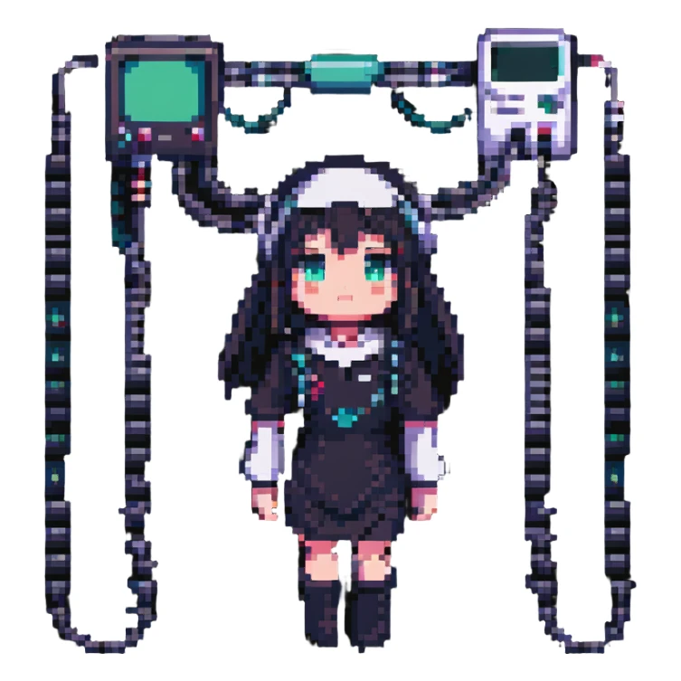Lain from Serial Experiments Lain, with wires and technology elements, pixel art style sticker