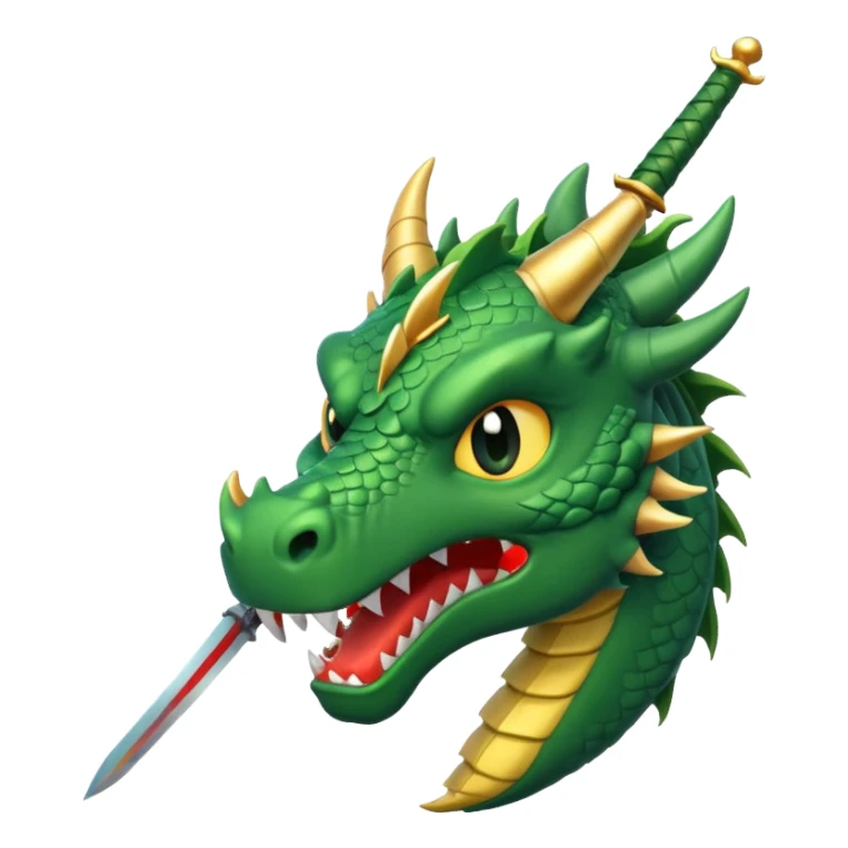 green dragon's head with a sword stuck in it, defeated expression, symbolizing conquering a challenge, WhatsApp emoji style sticker