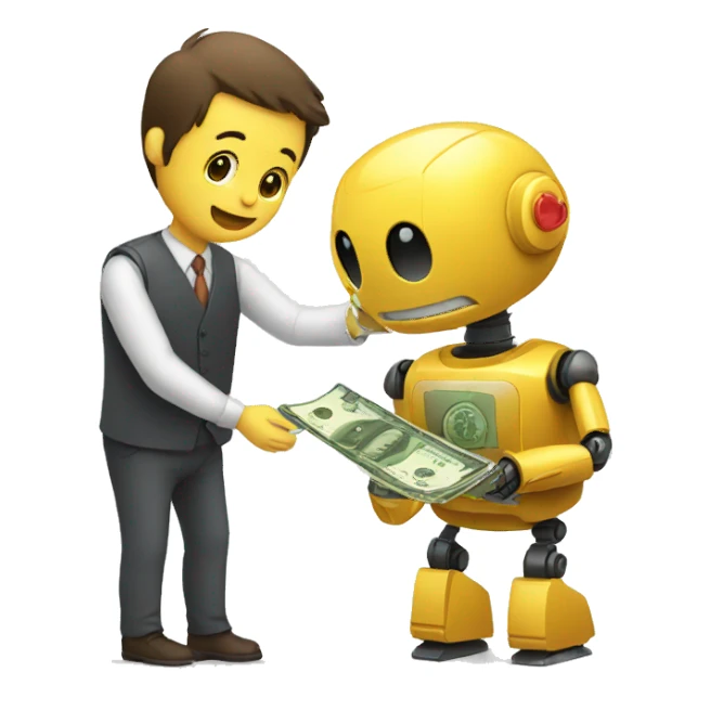 man giving money to cute robot sticker