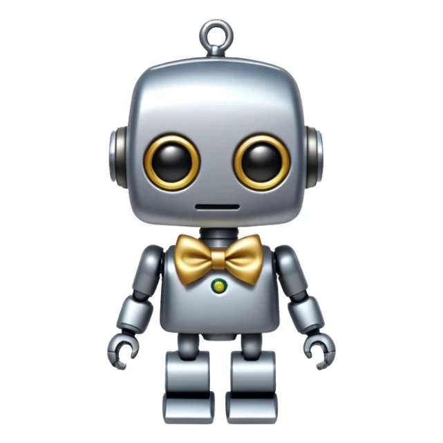 A tiny decorative robot charm with a bow tie, representing a non-essential AI accessory sticker