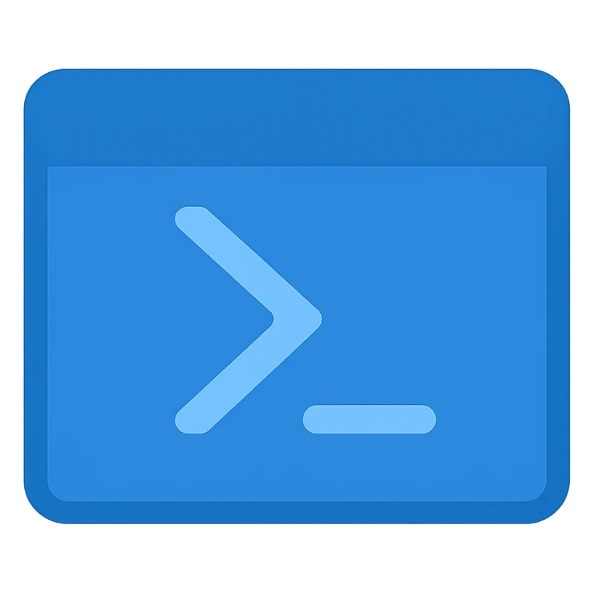 Create a PowerShell icon in a flat modern style consistent with previous blue-themed icons. Use lighter shades of blue for the terminal window and the PowerShell symbol (like >_ or the PowerShell angle bracket and dash). Keep the design clean and simple with minimal use of other colors, focusing on visibility and clarity. The background should be fully transparent. sticker