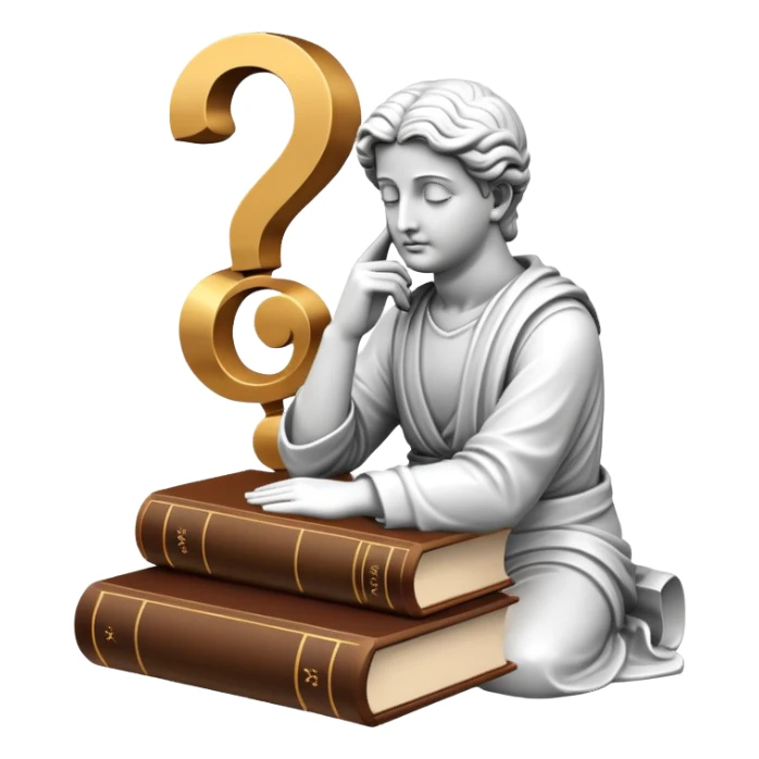 An icon featuring a thinker statue, a scroll, and a question mark, symbolizing philosophy. The design includes books, and abstract symbols representing deep thought and wisdom. Transparent background highlights the study of ideas, logic, and existential questions sticker