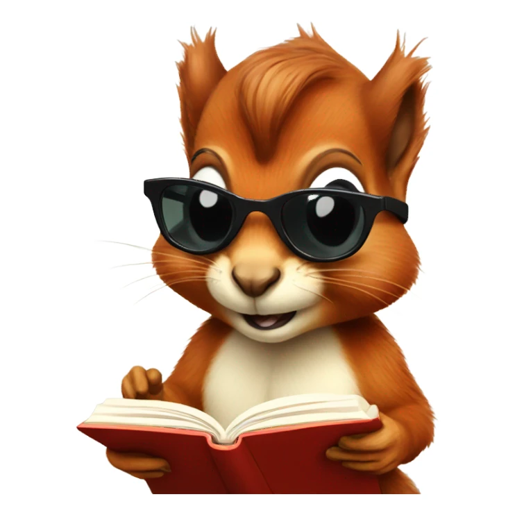 A red squirrel wearing sunglasses reading a book sticker