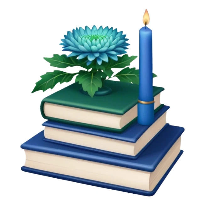 A green book stack adorned with blue chrysanthemums and a deep blue candle  sticker