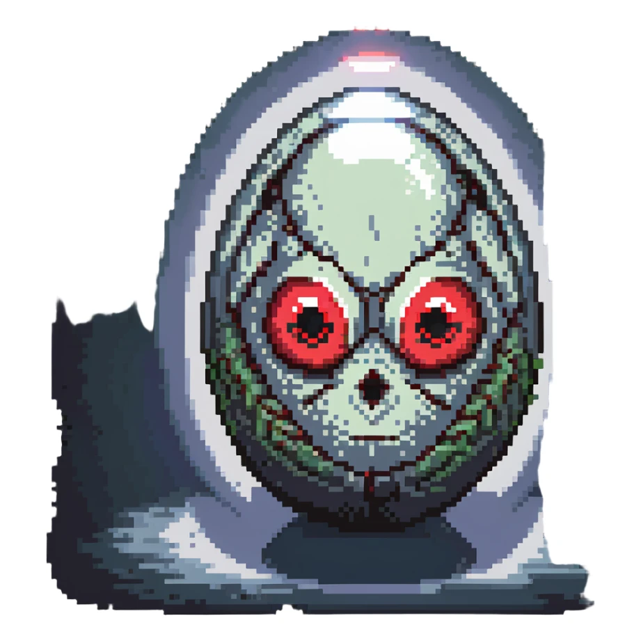 a strange large transparent alien egg, floating inside with a visible creature inside, embryo, embryonic, fetal shape, primordial, 3 glowing red eyes, illuminated from above sticker