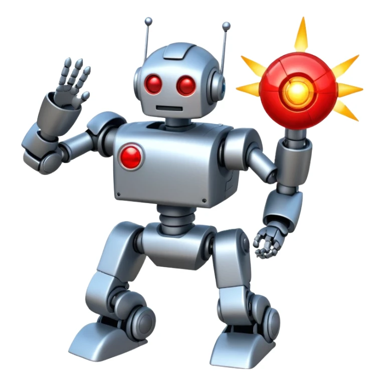 robot being hit with a red beam by a flying robot sticker