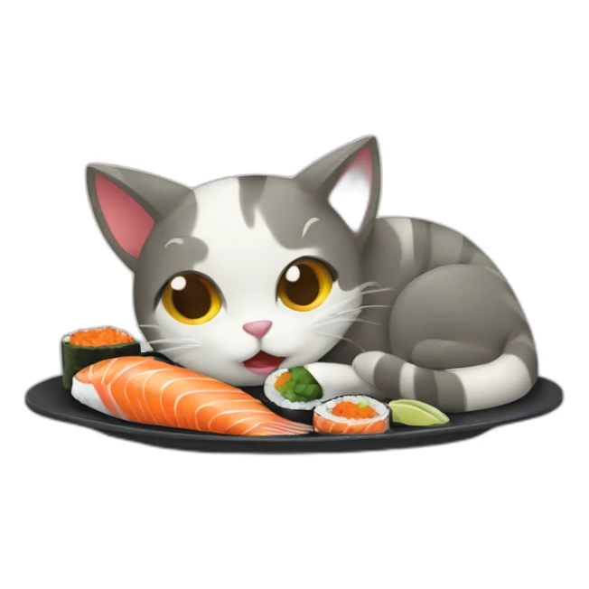 cat eating sushi with fish sticker