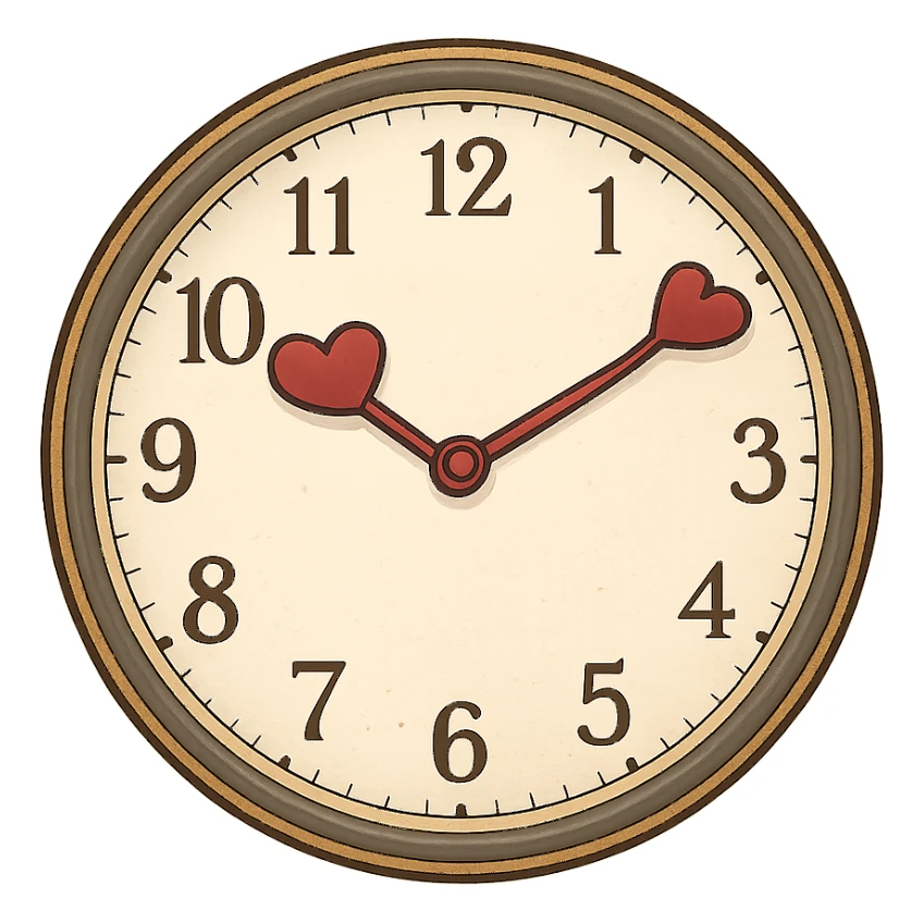 romantic clock with heart-shaped hands, no background sticker