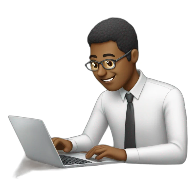 man at desk typing on laptop computer sticker