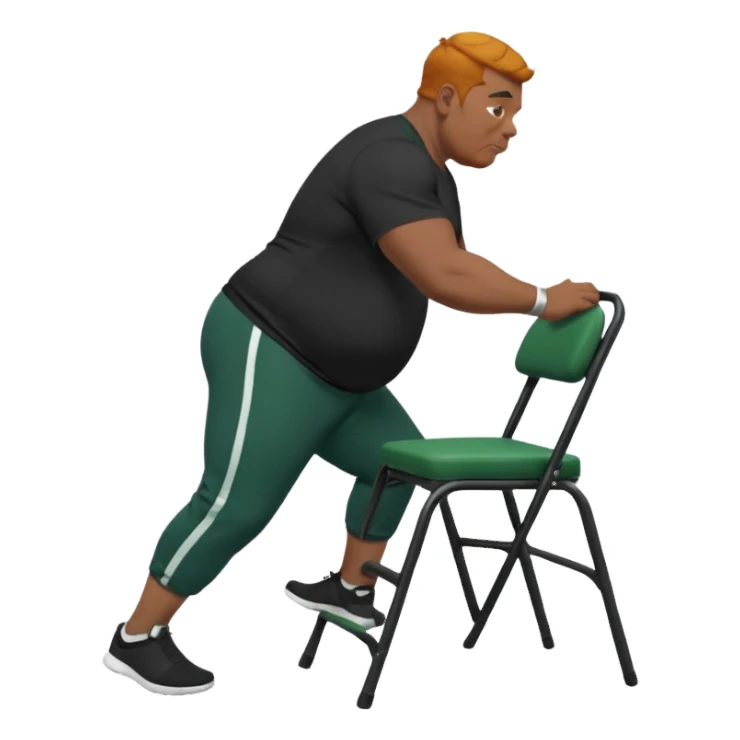 גבר זקן ג'ינג'י מלא כוסע שחור הפוך חולמה שחורה ומכנסיים ירוקות ארוכות מבצע תרגיל לאנג' בתמיכת כיסא מהצד sticker