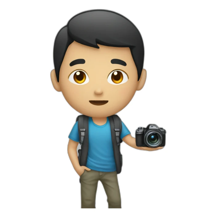 A Asian boy listening MP3 hold a camera sticker