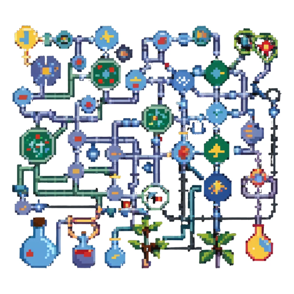 metabolomics with small molecules and pathways in pixel art style sticker
