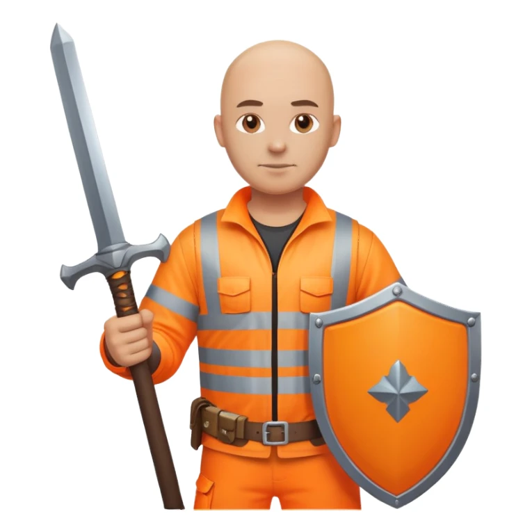 Bald Telecoms engineer in orange hi vis with sword and shield sticker