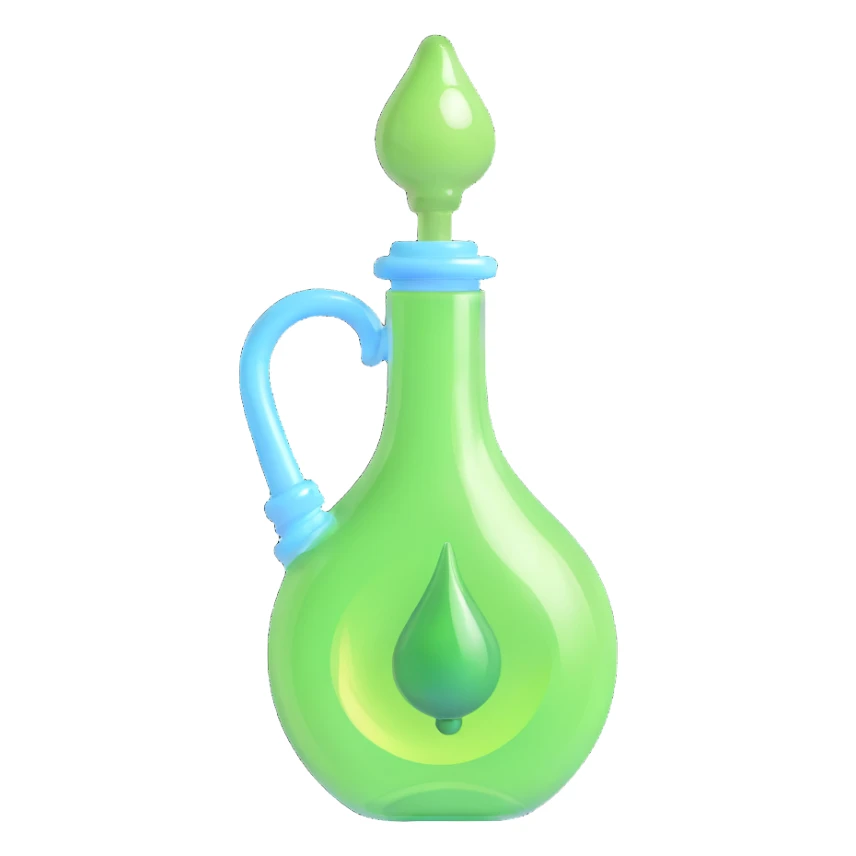 Create a highly realistic 3D transparent bottle with a stopper. The bottle shape resembles a human ear. Inside the bottle, there is a green elixir. No text included. sticker