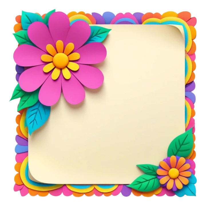 3D, psychedelic colored note paper with hippie style flower border sticker