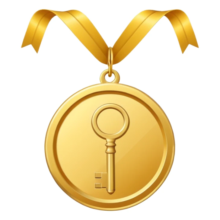 a gold medal with a key engraved on it sticker