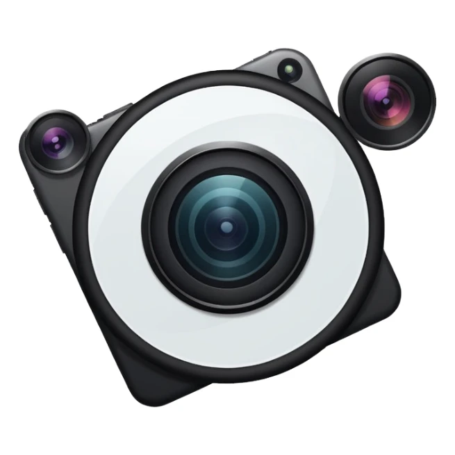 Minimalistic flat vector icon, iOS style, thin black contour on white background. Smartphone with a camera lens symbol. No text, no shadows.
 sticker