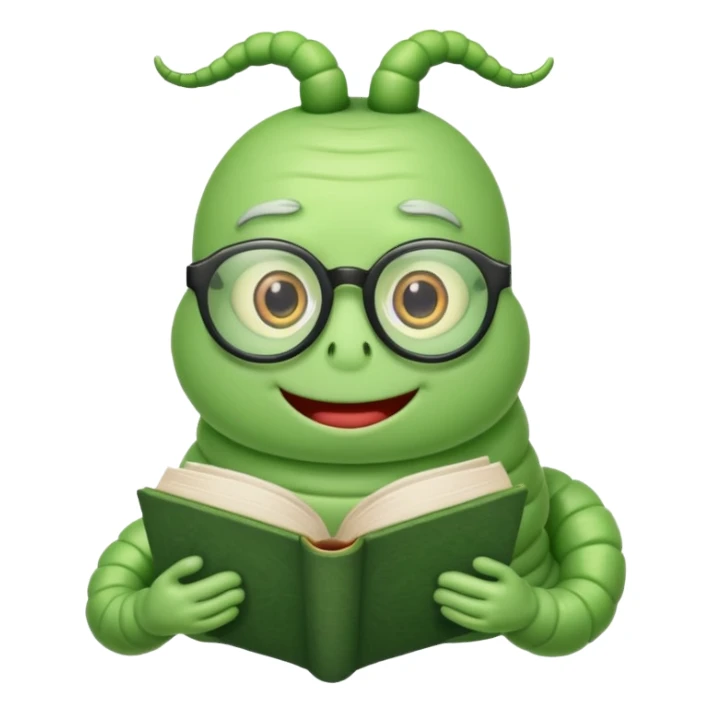 green Worm with glasses reading book sticker