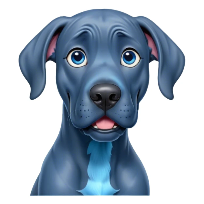 Cinematic Comical Blue Great Dane Portrait Emoji, Head tilted dramatically with an exaggeratedly amused expression, featuring a striking blue Fur with a glossy finish, wide, expressive steel-blue eyes filled with playful disbelief, Simplified yet hilariously expressive features, highly detailed, glowing with a slightly sassy glow, high shine, dramatic yet playful, stylized with an air of cheeky charm, bright and endearing, soft glowing outline, capturing the essence of a spirited and over-the-top guardian, so meme-worthy it feels like it could side-eye its way into internet fame instantly! sticker