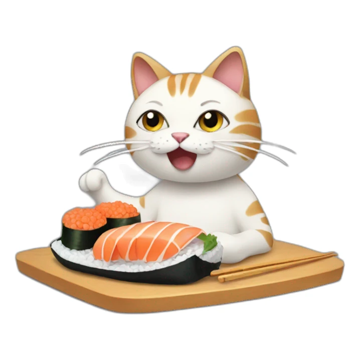 a cat eating a sushi shark sticker