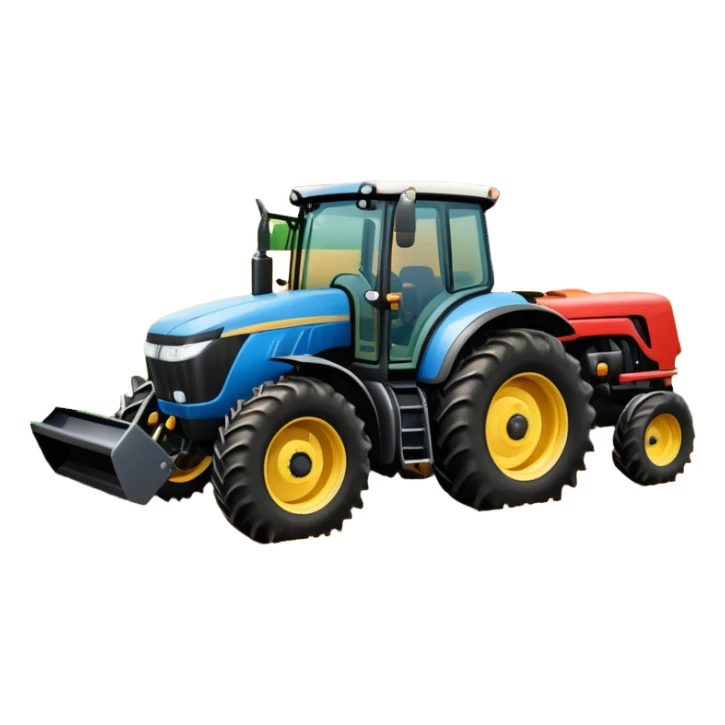 An icon representing a farming simulator, with a detailed tractor plowing fields under a bright sky with bright rural landscape. The design includes farming tools, crops and barns, symbolizing the immersive experience of managing a farm. Transparent background. sticker