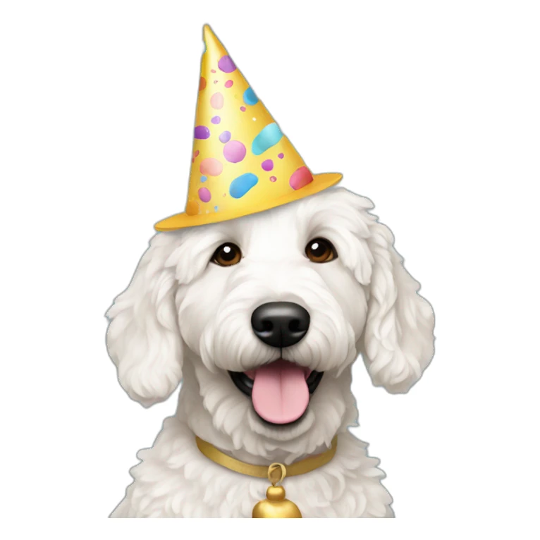 White golden doodle wearing birthday hat sticker