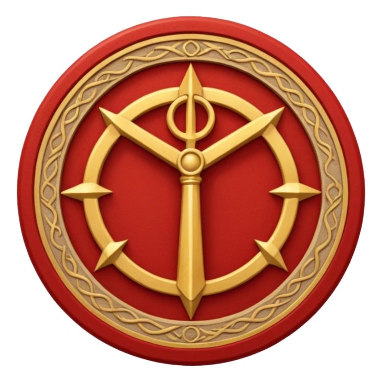 a circular casting sigil inspired by the wizard101 balance school using base color sand and trim color red. A golden scale in the middle as a focus  sticker
