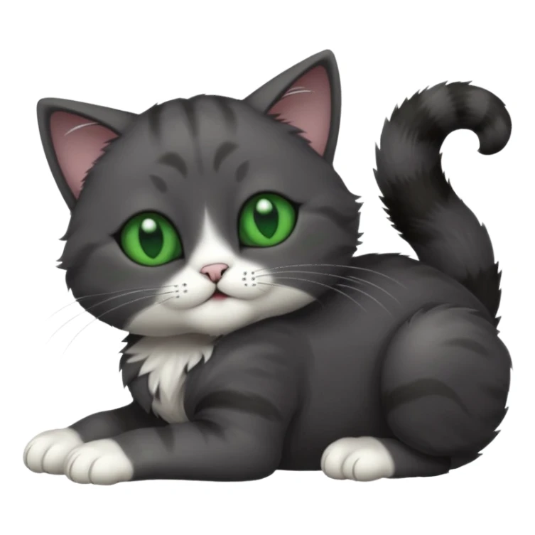 solid dark grey cat with green eyes, completely solid grey face, white toes/paws playing rolling upside down sticker