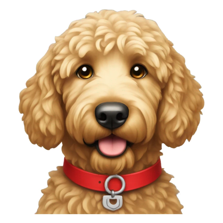 Golden doodle with a red collar sticker