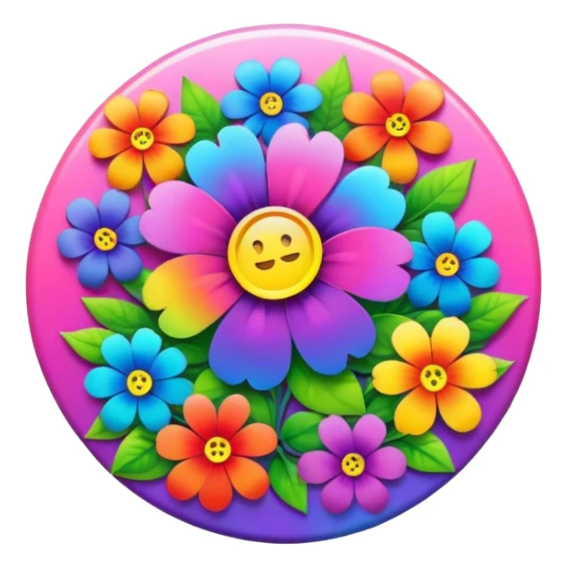 A round psychedelic colored button with rainbow colored flowers in the center sticker