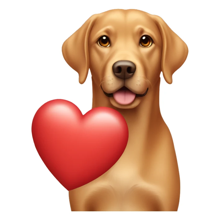 Red Labrador holding a heart sticker