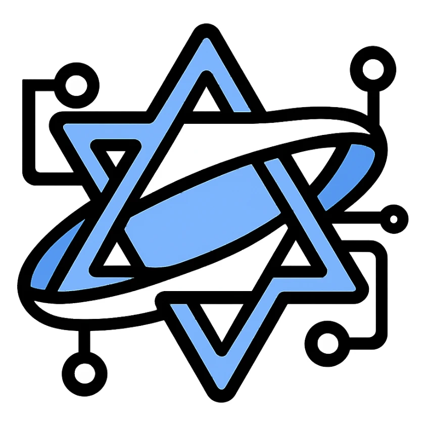 Create an Israeli AI-generated intelligence icon inspired by the reference image. Integrate digital or neural network elements into the Star of David and ring design, emphasizing a modern, tech-inspired look. Use a blue and white color palette suitable for a technology brand. Maintain a transparent background. sticker
