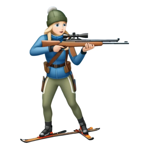 An icon showing a snowy landscape with pine trees, mountains, and a clear sky with a biathlete aiming a rifle in the foreground, wearing winter gear and skis. Transparent background emphasizes the precision, endurance, and beauty of this winter sport. sticker