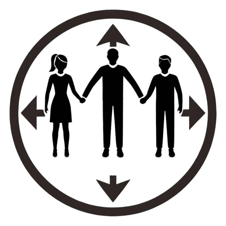 Minimalistic flat vector icon, iOS style, thin black contour on white background. Three people silhouettes connected by circular arrows, symbolizing Scrum teamwork. Clean, no text, no shadows sticker