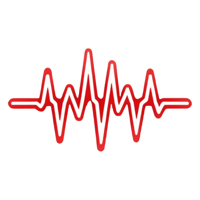 Futuristic logo for MedSignal, abstract red pulse cutting through geometric shapes forming ‘AI’, soft glowing neon red highlights, sleek, modern design with clean white background, no black, symbolizing AI-powered healthcare innovation sticker