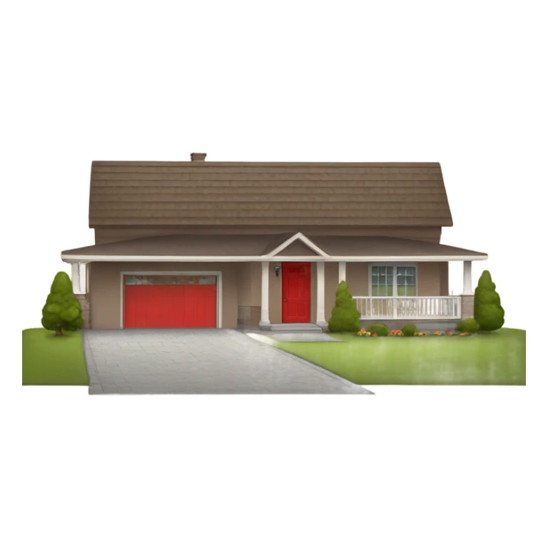 Brown colored ranch style house with a red  front door  sticker