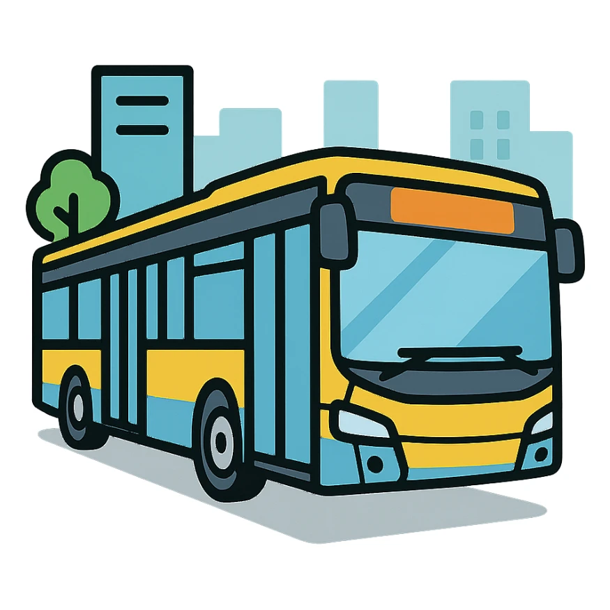 Iveco Urbanway 12m bus, angled perspective, urban background, icon style sticker