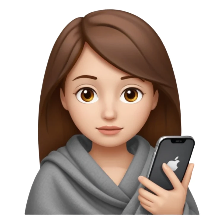 создай девушку с телефоном в руках (айфон) в стиле Emoji  iOS. 
У девушки длинные коричневые волосы, карие глаза, она сама светлая кожа, без макияжа, у неё большие глаза, нос с малекой горбмнкой и немного пухлые губы,  сидидит укутавшись в плед серый плед, смотрит в экрван телефона sticker