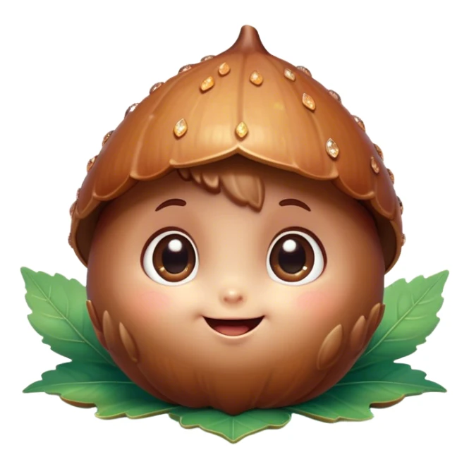 Cinematic tiny happy acorn, glossy brown, soft glowing highlights, tiny adorable face with big sparkly eyes, sitting on a pastel leaf, warm and cheerful. sticker