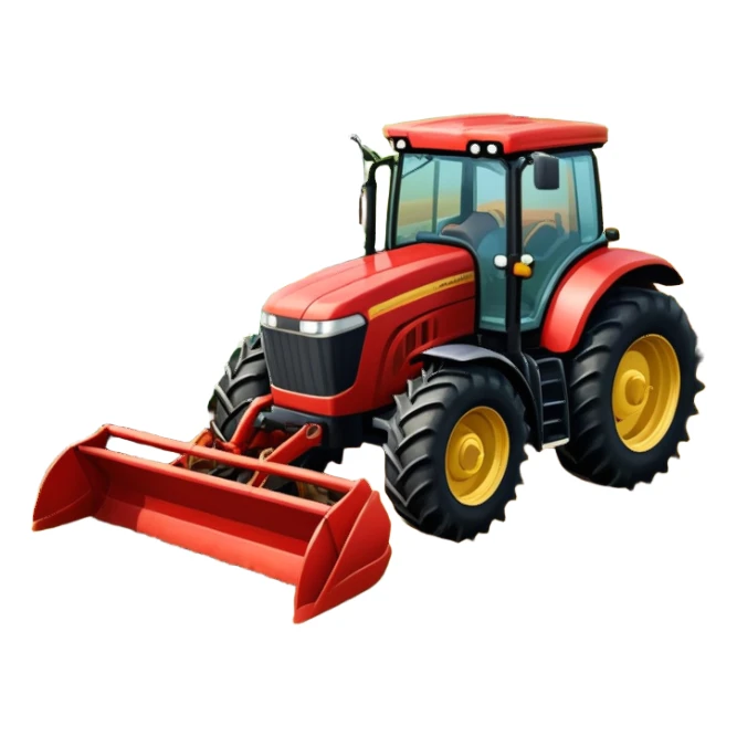 An icon representing a farming simulator, with a detailed tractor plowing fields under a bright sky with bright rural landscape. The design includes farming tools, crops and barns, symbolizing the immersive experience of managing a farm. Transparent background. sticker