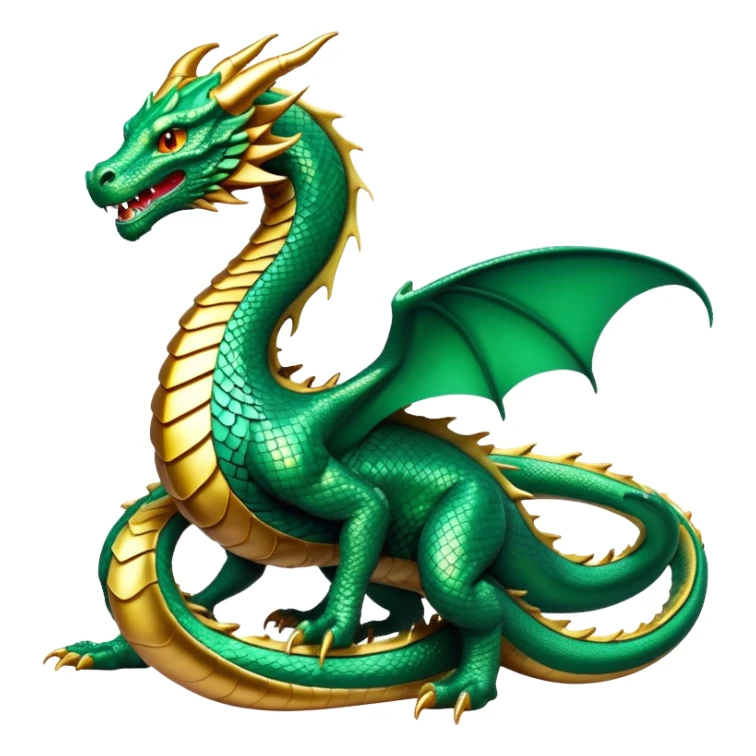 cinematic-noble-dragon-full body-emoji,-poised-and-majestic,-with-a-sinuous,-elongated-build-and-shimmering,-scale-covered-skin-in-hues-of-emerald-and-gold,-piercing,-fiery-eyes,-simplified-yet-sharp-and-sophisticated-features,-highly-detailed, zoomed out showing the serpentine body sticker
