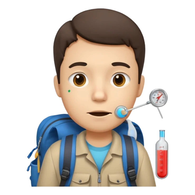 person with backpack and thermometer in mouth sticker