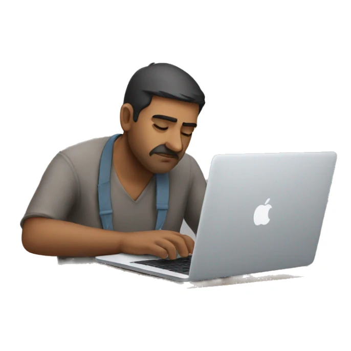 Indian man working on his macbook laptop looking down sticker