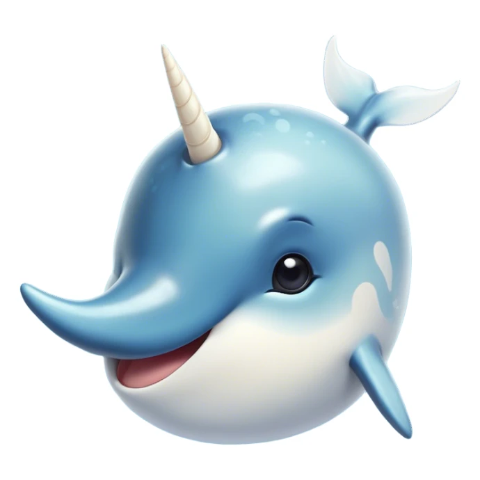 Cinematic Comical Narwhal Portrait Emoji, Head tilted dramatically with an exaggeratedly amused expression, featuring a sleek, elegantly streamlined body with a prominently spiraled ivory tusk and wide, comically expressive eyes full of playful disbelief, Simplified yet hilariously expressive features, highly detailed, glowing with a slightly sassy arctic glow, high shine, dramatic yet playful, stylized with an air of quirky marine mischief, soft glowing outline, capturing the essence of a meme-worthy narwhal that looks ready to side-eye its way into viral fame! sticker