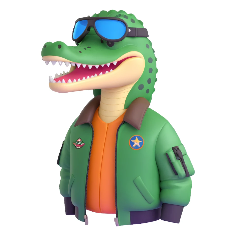 crocodile with bomber jacket and aviator helmet sticker