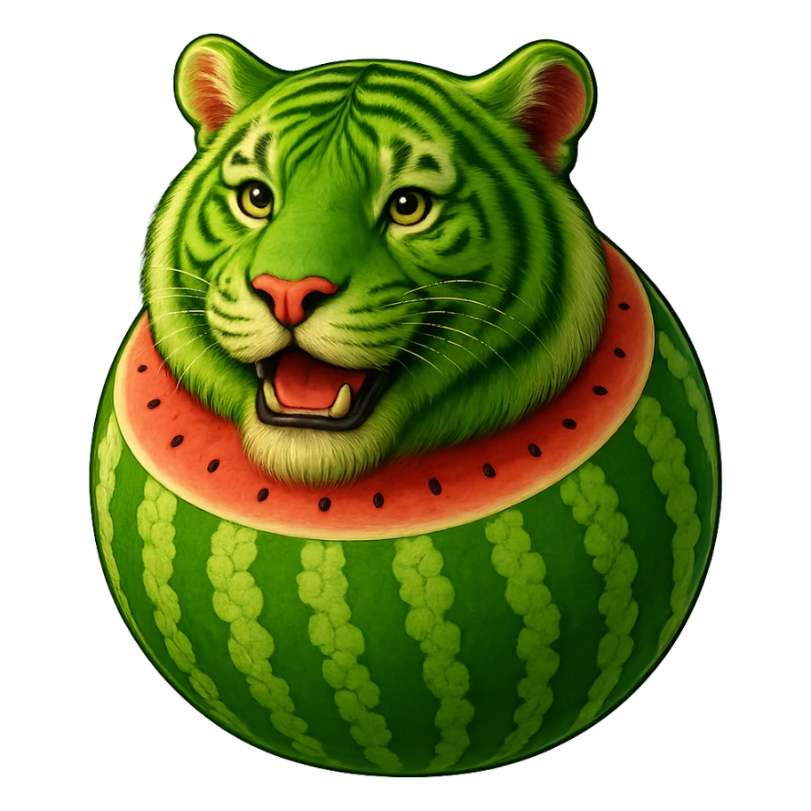Edit the watermelon tiger character to have a happy, smiling expression. Keep the transparent background. sticker