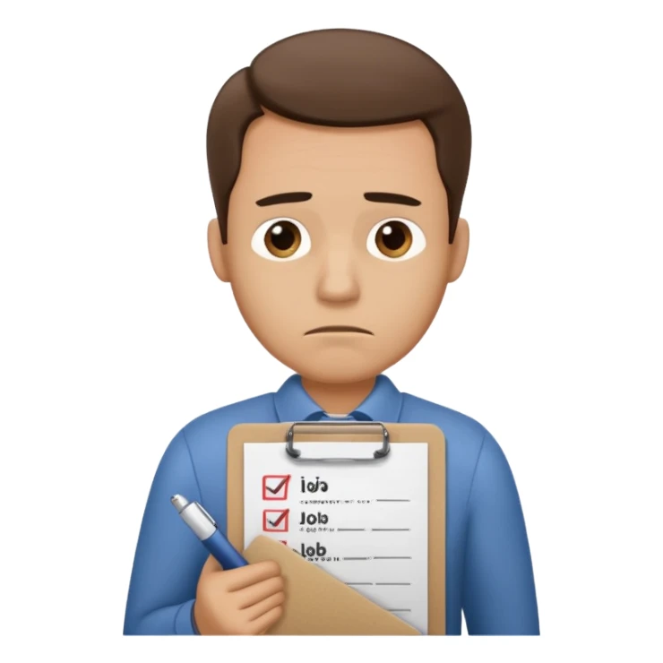 Man looking sad while holding a clipboard with a checklist that has a heading that says job application  sticker